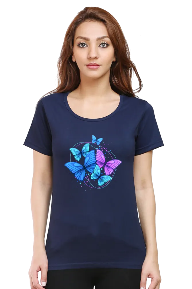 Purple Blue Modern Butterfly Printed Scoop Neck T-shirt for women