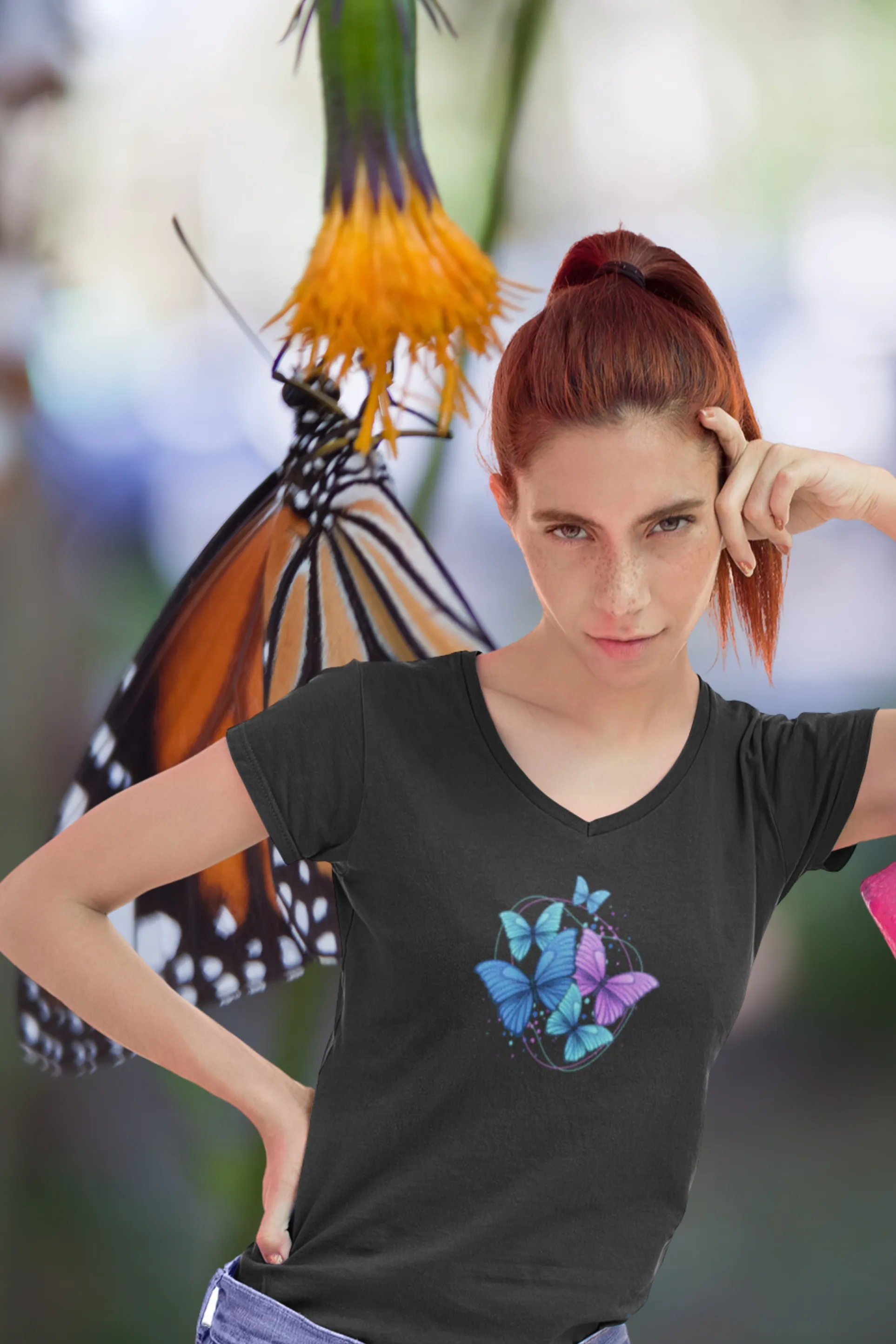 Purple Blue Modern Butterfly Printed Scoop Neck T-shirt for women