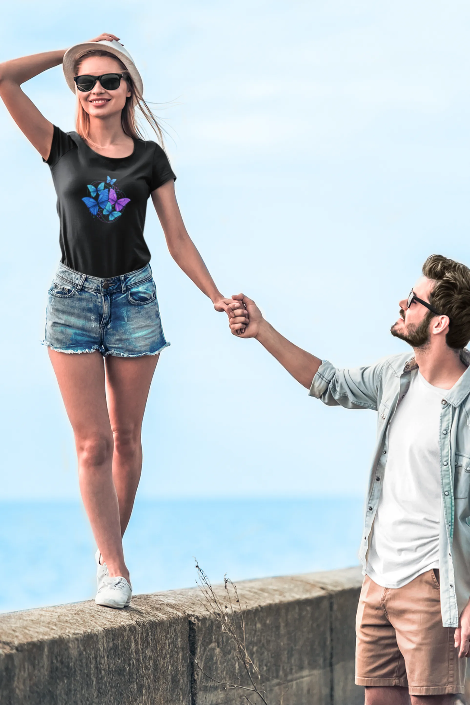 Purple Blue Modern Butterfly Printed Scoop Neck T-shirt for women