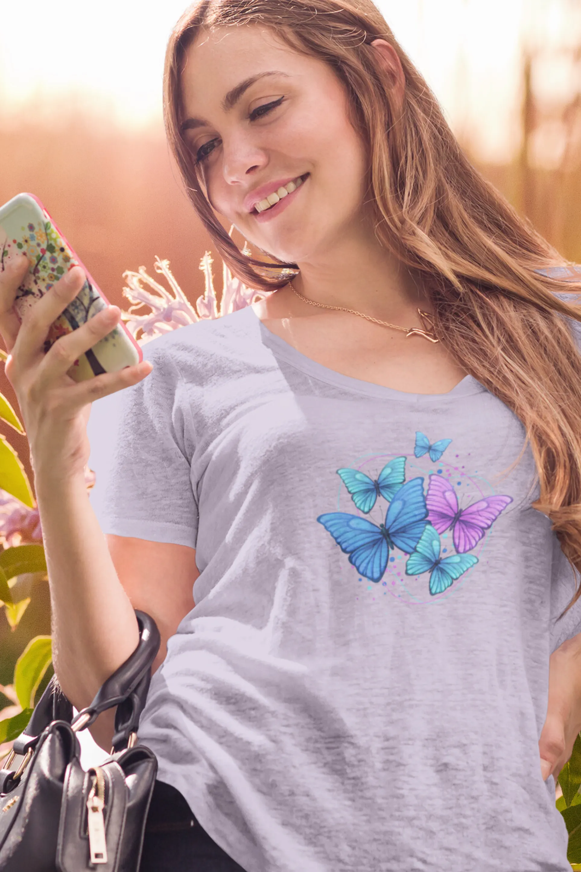 Purple Blue Modern Butterfly Printed Scoop Neck T-shirt for women
