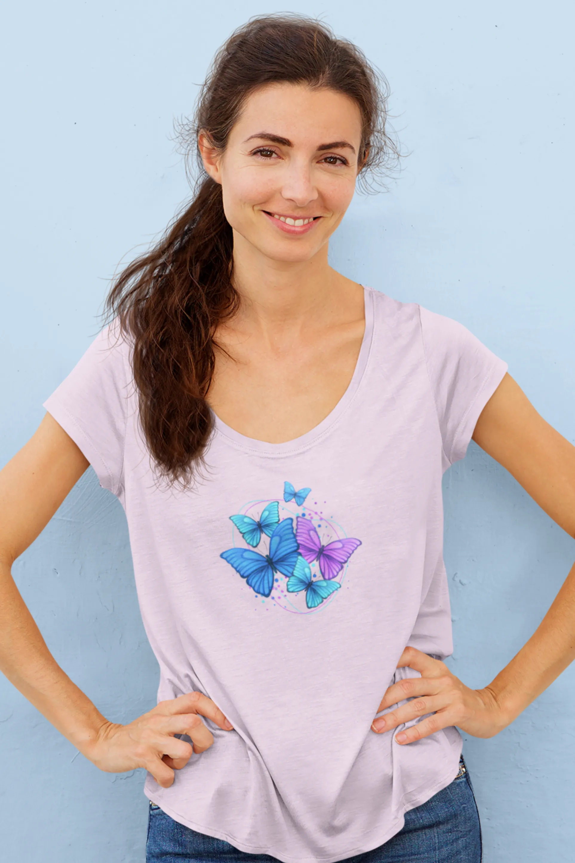 Purple Blue Modern Butterfly Printed Scoop Neck T-shirt for women