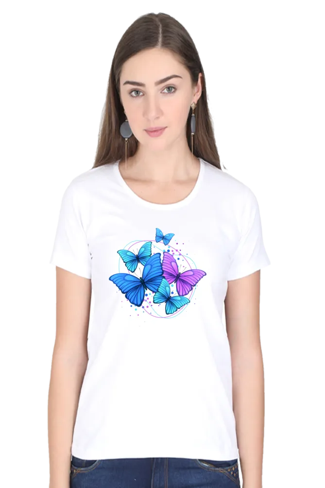 Purple Blue Modern Butterfly Printed Scoop Neck T-shirt for women