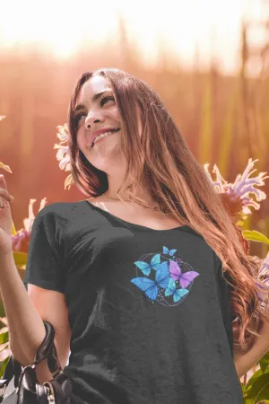 Purple Blue Modern Butterfly Printed Scoop Neck T-shirt for women