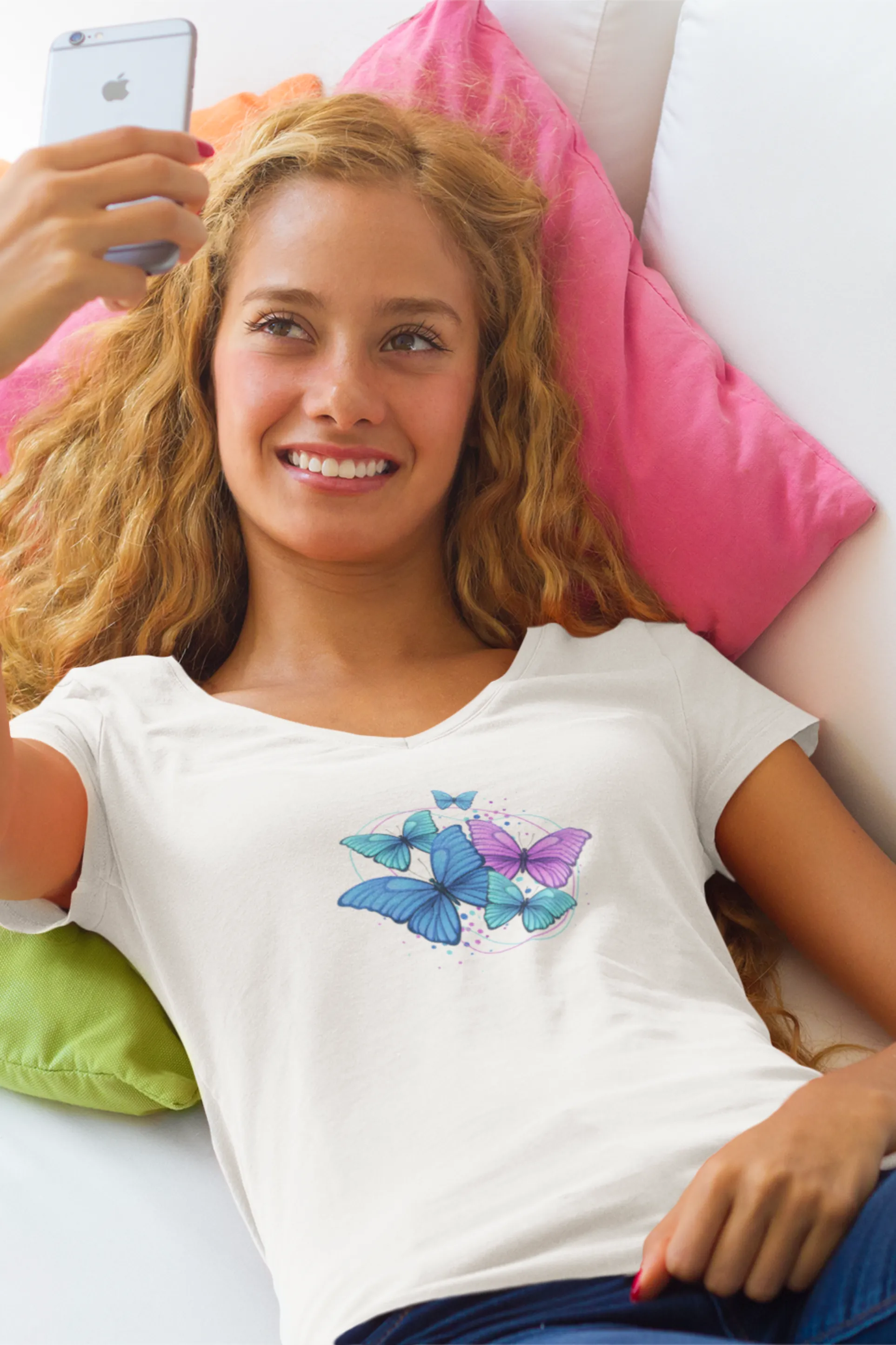 Purple Blue Modern Butterfly Printed Scoop Neck T-shirt for women