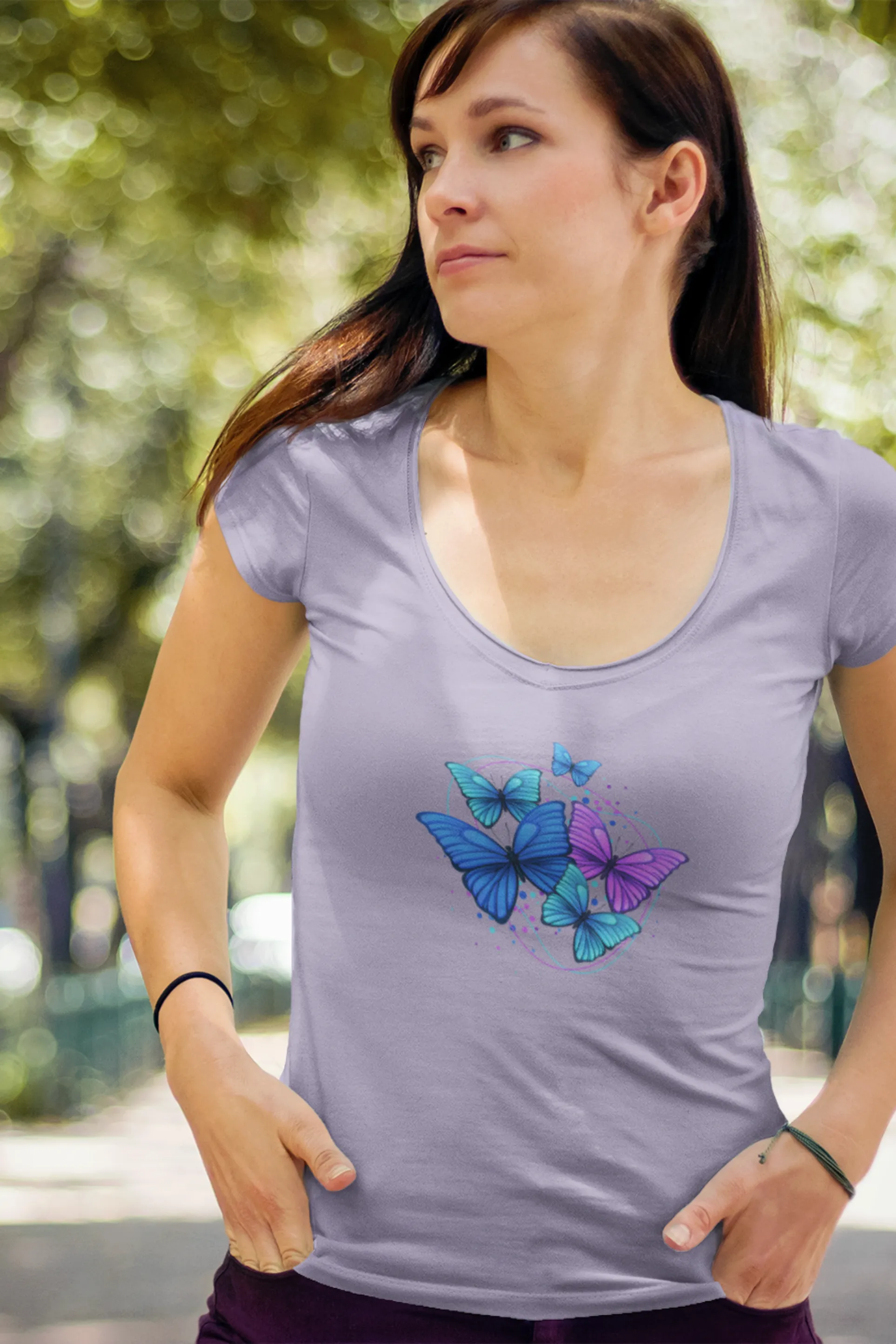 Purple Blue Modern Butterfly Printed Scoop Neck T-shirt for women