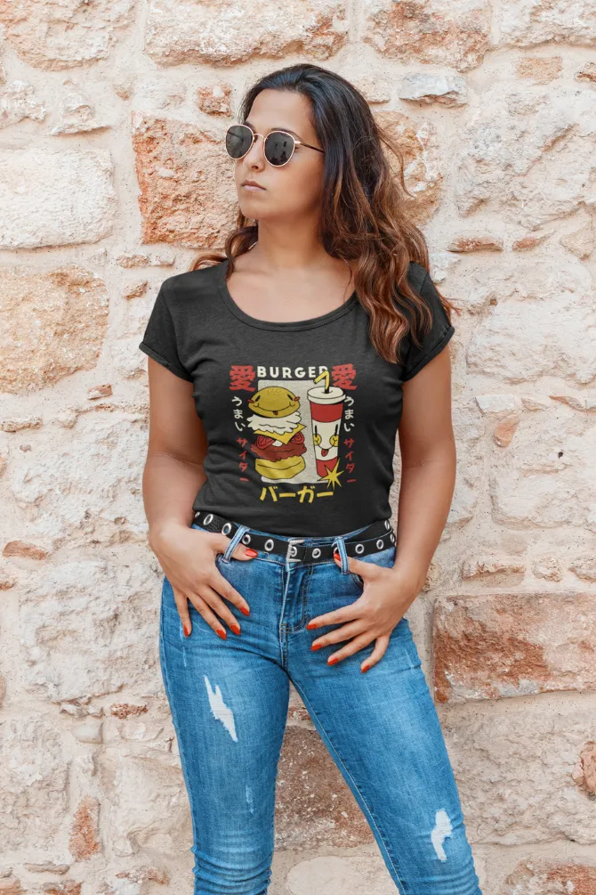 Retro Burger Soda Printed Scoop Neck T-shirt for women