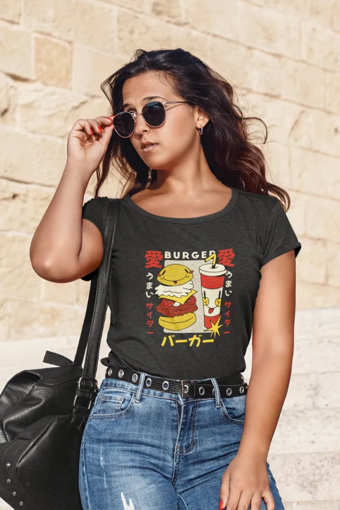Retro Burger Soda Printed Scoop Neck T-shirt for women