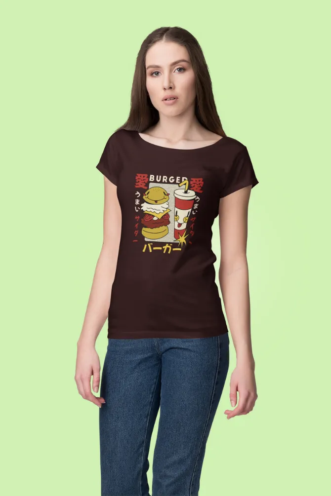 Retro Burger Soda Printed Scoop Neck T-shirt for women