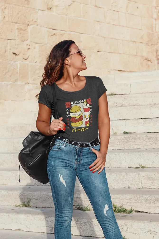 Retro Burger Soda Printed Scoop Neck T-shirt for women