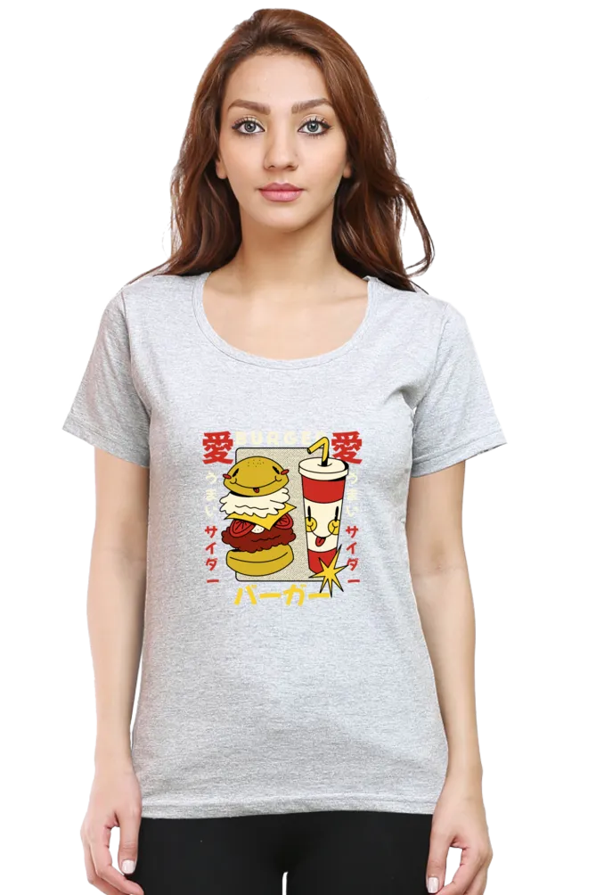 Retro Burger Soda Printed Scoop Neck T-shirt for women