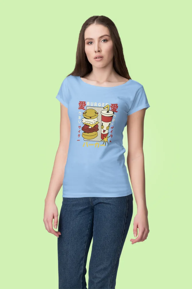 Retro Burger Soda Printed Scoop Neck T-shirt for women