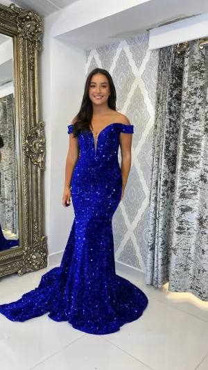 Royal Blue Sequin Bardot Evening Gown