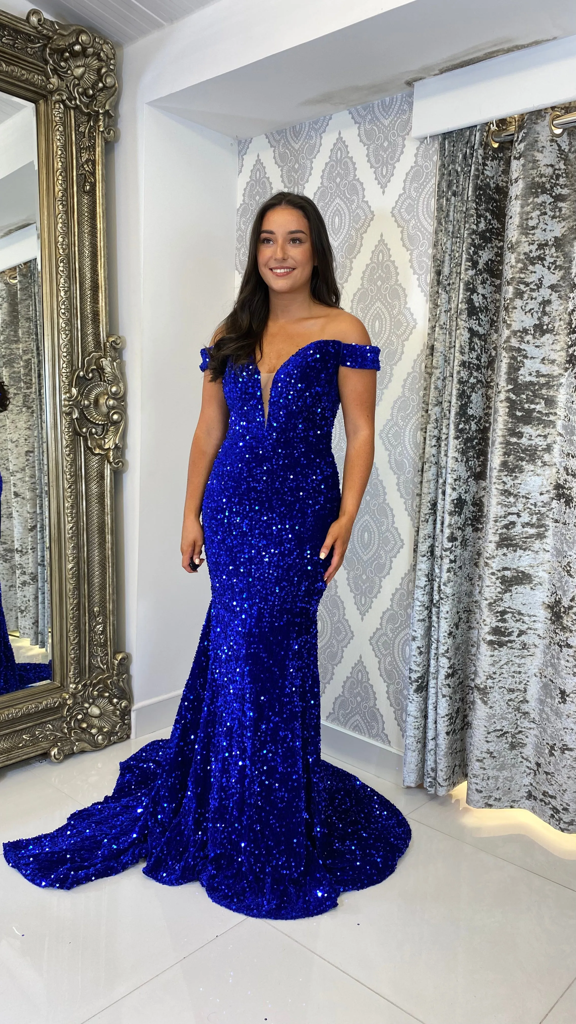 Royal Blue Sequin Bardot Evening Gown
