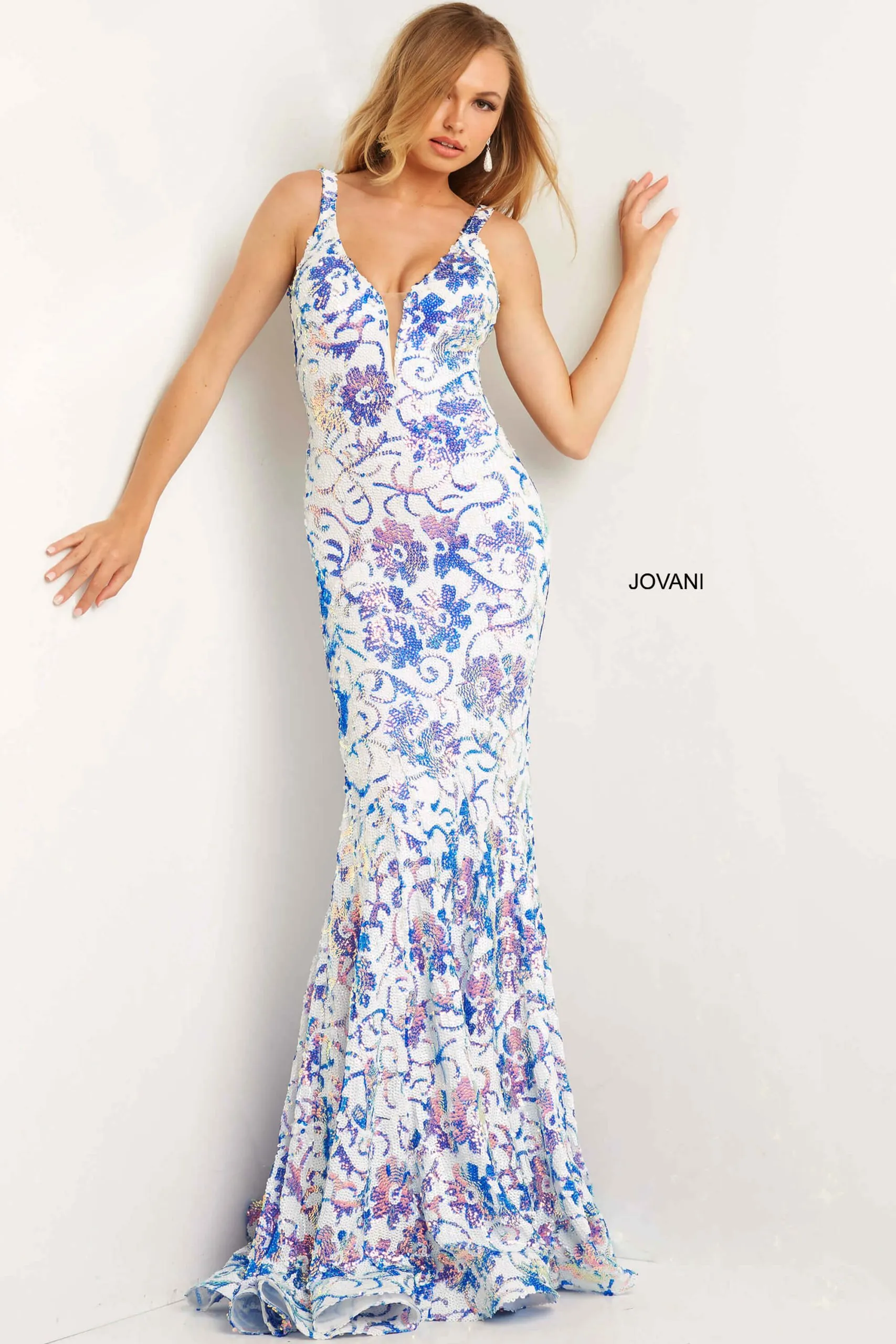 Sequin Print Fitted Sleeveless Gown by Jovani 08257