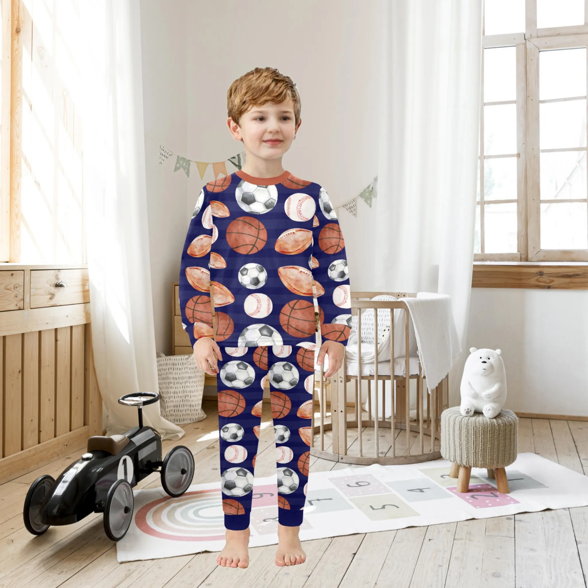 Sports Fan Boys' Pajama Set | Crew Neck Long Pajama Set with Sports Ball Pattern | Soft Long Sleeve Sleepwear for Lounging and Relaxing