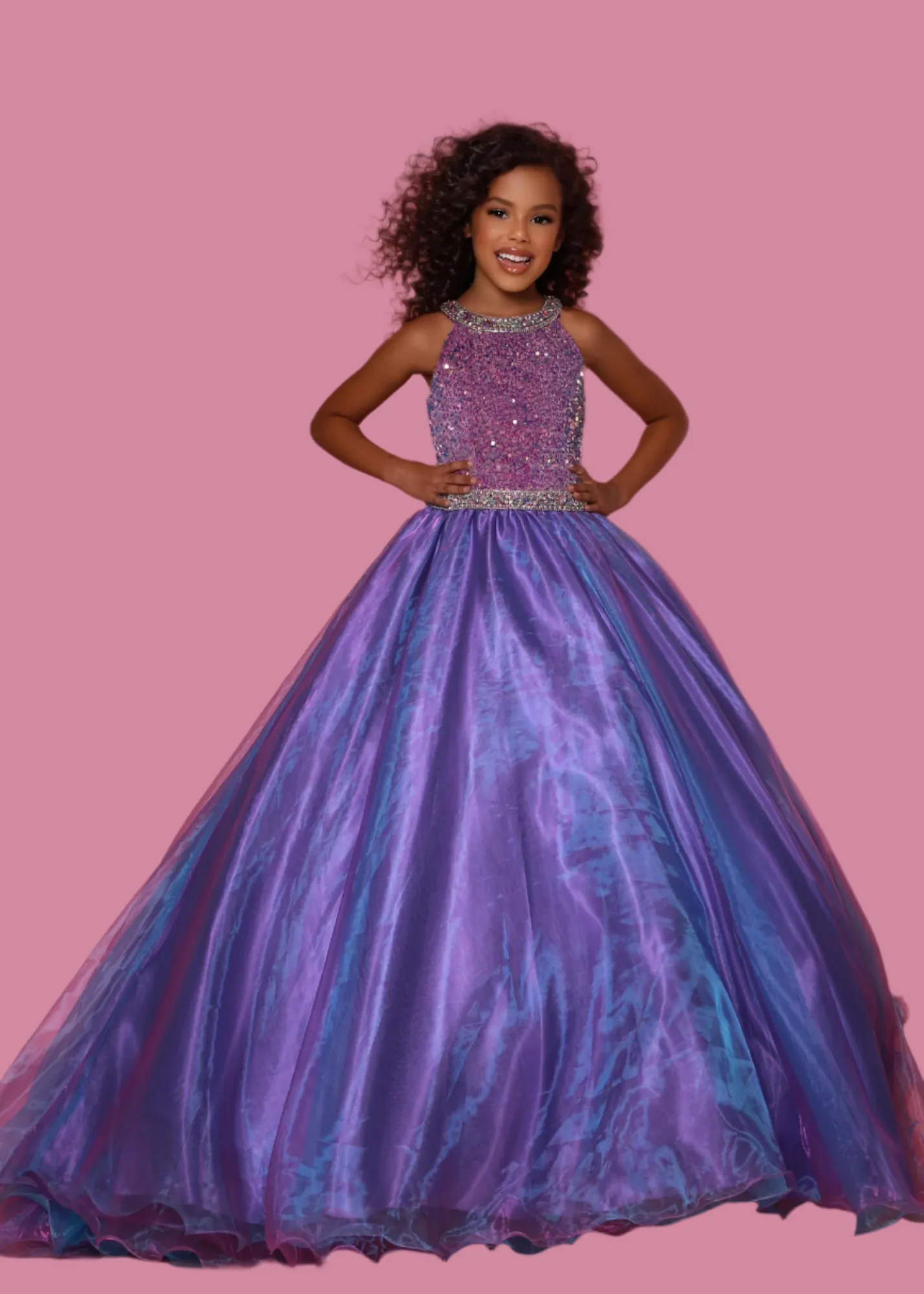 Sugar Kayne C321 Size 10 Orchid Velvet Sequin High neck Girls Pageant Dress Shimmer Ball gown