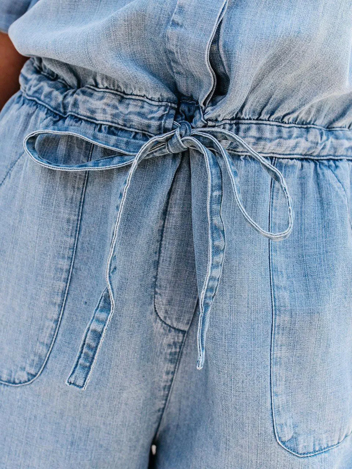 TEEK - Light Wash Drawstring Button Belted Sleeve Denim Romper