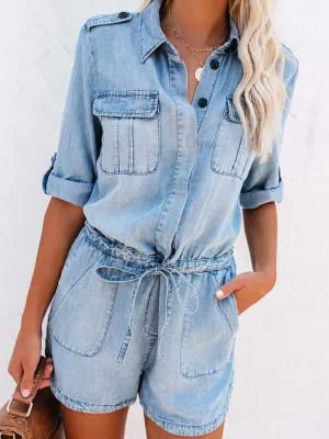 TEEK - Light Wash Drawstring Button Belted Sleeve Denim Romper