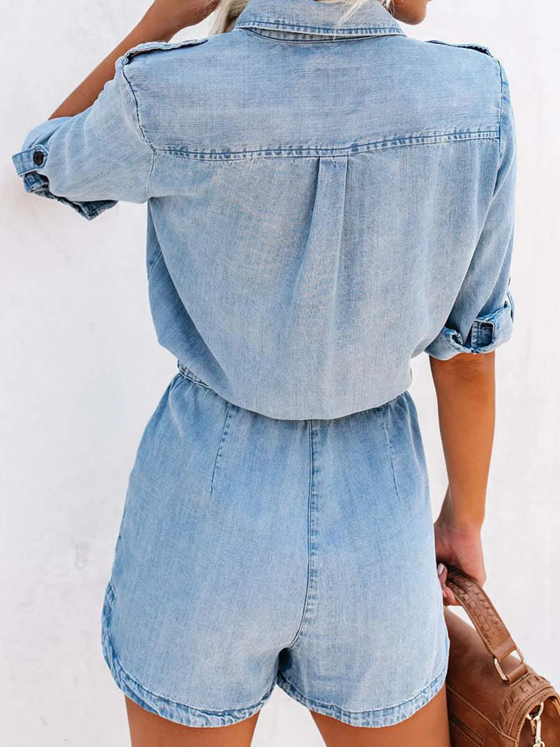 TEEK - Light Wash Drawstring Button Belted Sleeve Denim Romper