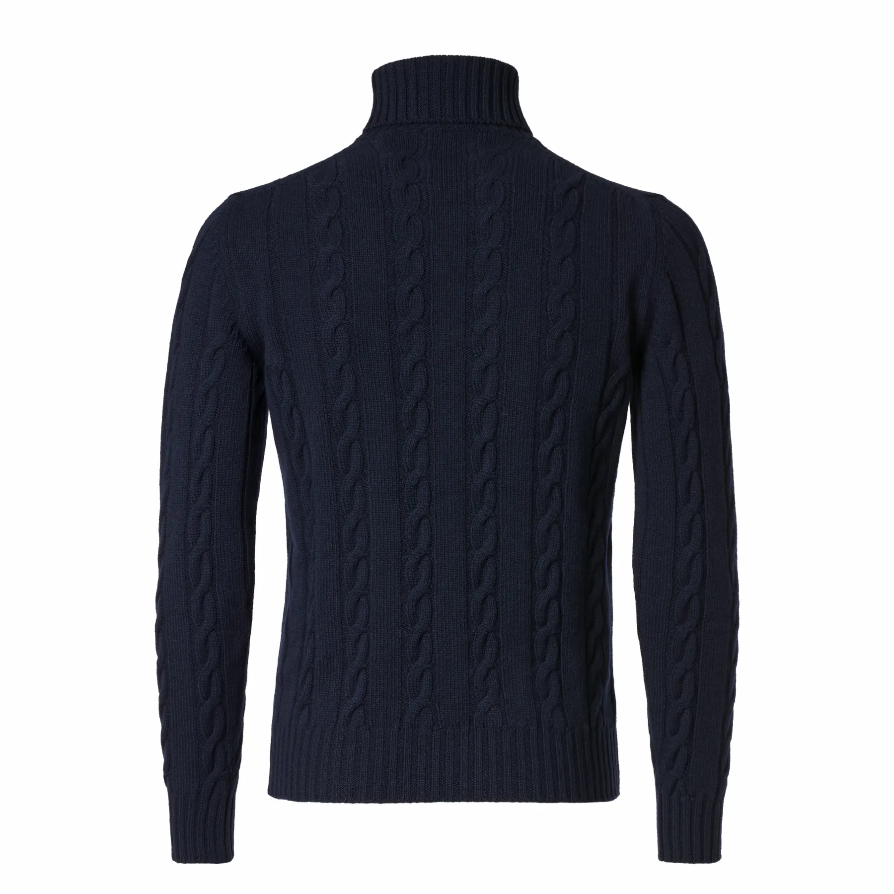 Turtleneck Cable-Knit Wool, Silk and Cashmere-Blend Sweater in Navy Blue