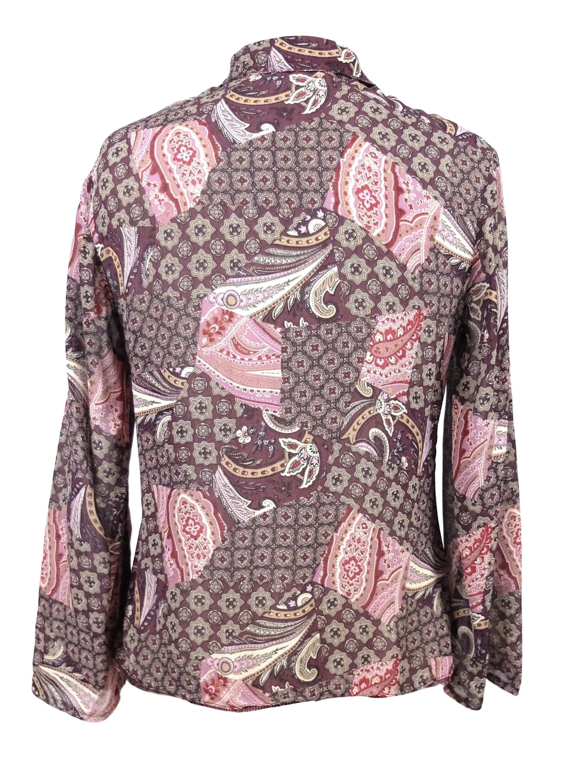 Vintage 1990s does 60s Psychedelic Paisley Collared Long Sleeve Sheer Chiffon Button Up Blouse