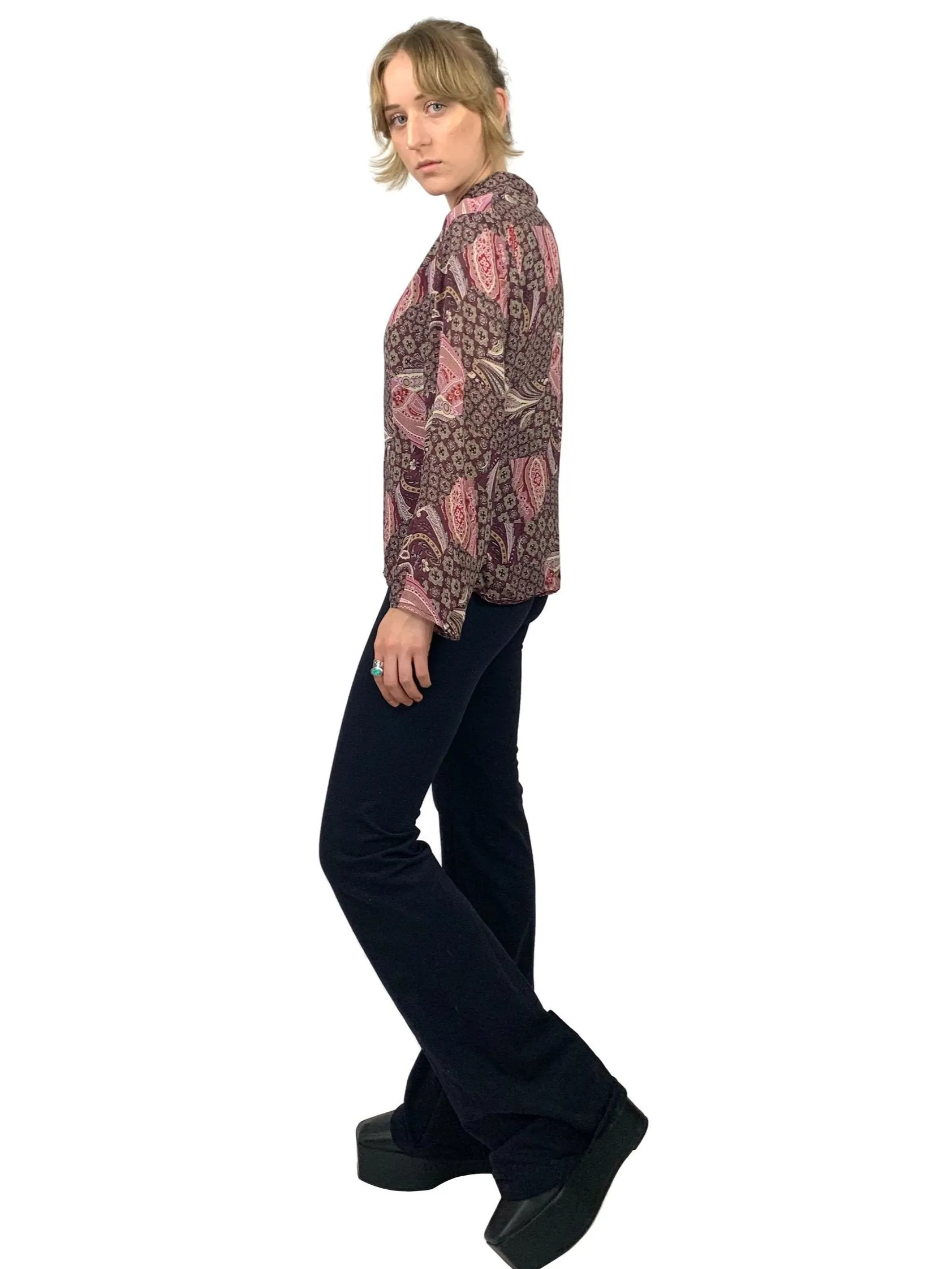 Vintage 1990s does 60s Psychedelic Paisley Collared Long Sleeve Sheer Chiffon Button Up Blouse