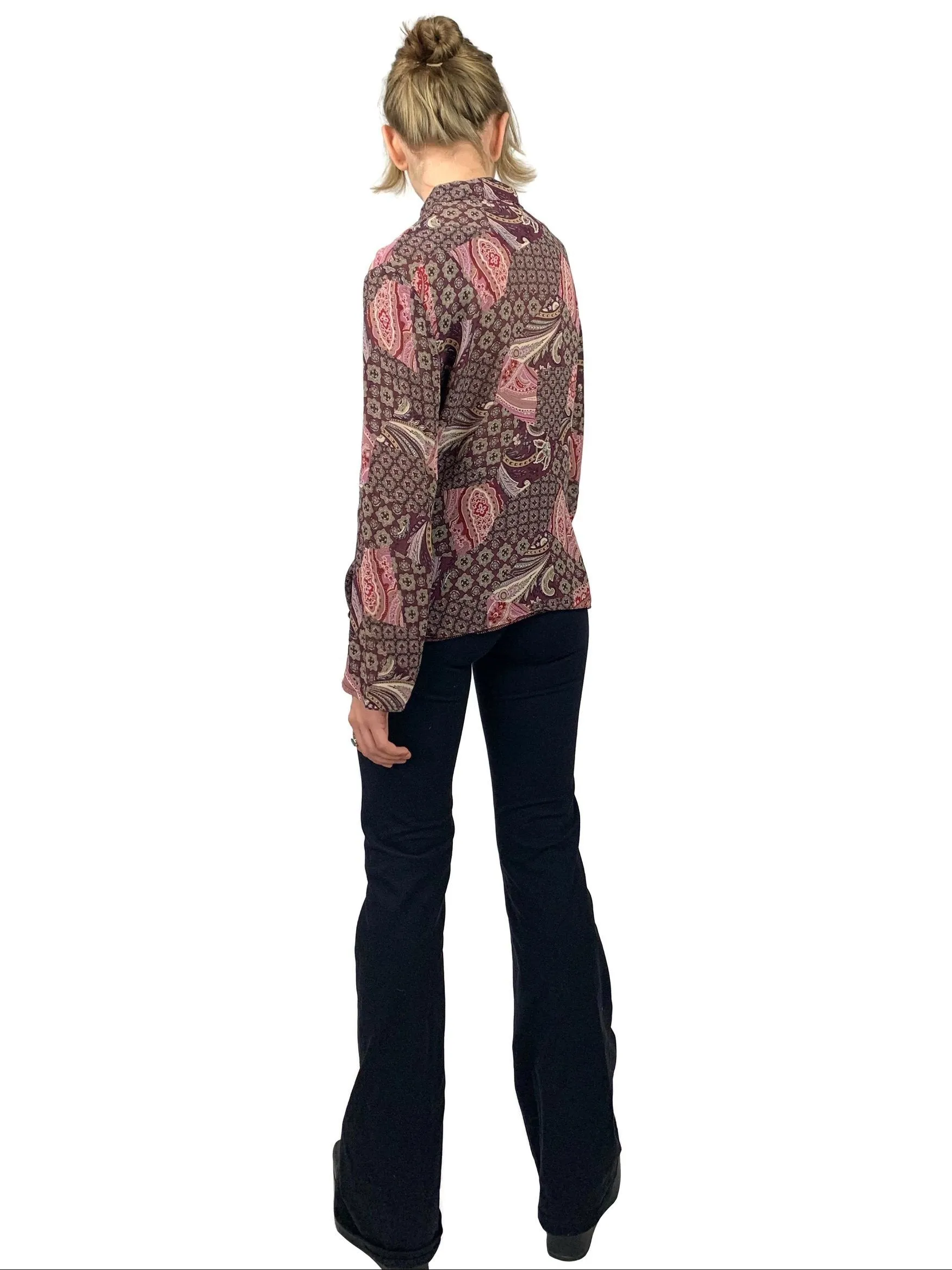 Vintage 1990s does 60s Psychedelic Paisley Collared Long Sleeve Sheer Chiffon Button Up Blouse