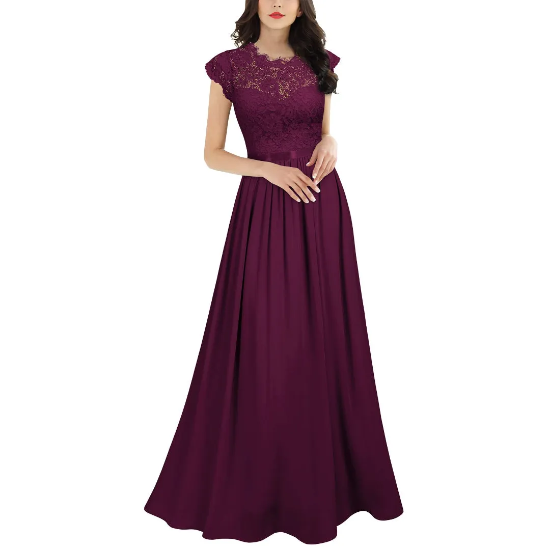Women's Black Cap Sleeve Ruched Lace Round Neck Chiffon Formal Evening Gown, 16 UK