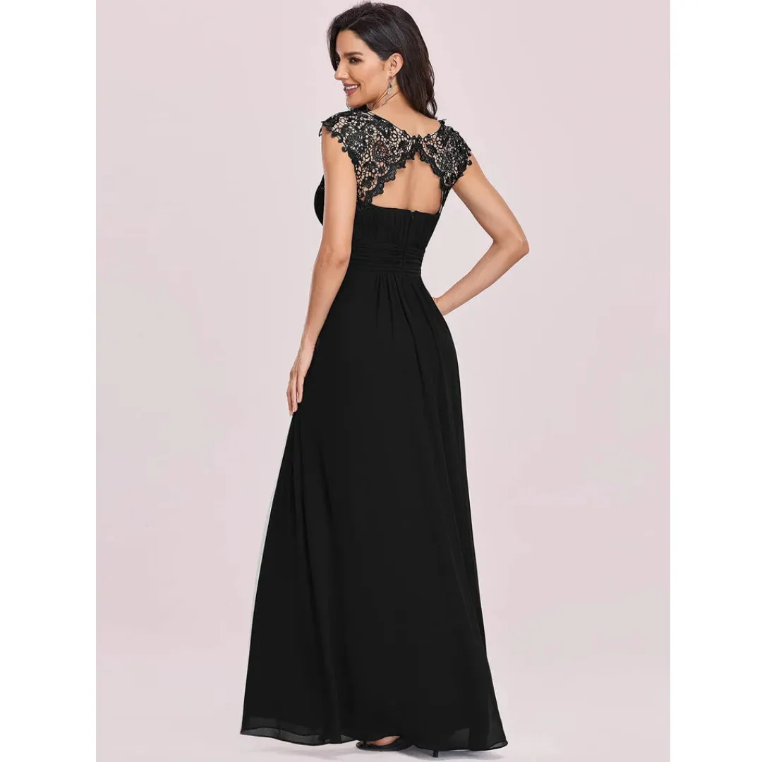 Women's Black Cap Sleeve Ruched Lace Round Neck Chiffon Formal Evening Gown, 16 UK
