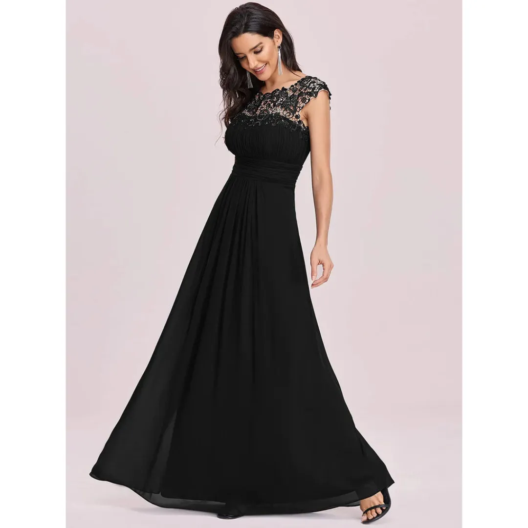 Women's Black Cap Sleeve Ruched Lace Round Neck Chiffon Formal Evening Gown, 16 UK