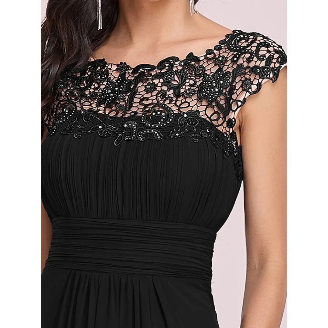 Women's Black Cap Sleeve Ruched Lace Round Neck Chiffon Formal Evening Gown, 16 UK