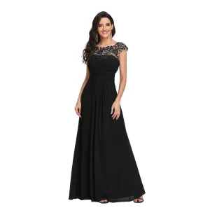 Women's Black Cap Sleeve Ruched Lace Round Neck Chiffon Formal Evening Gown, 16 UK