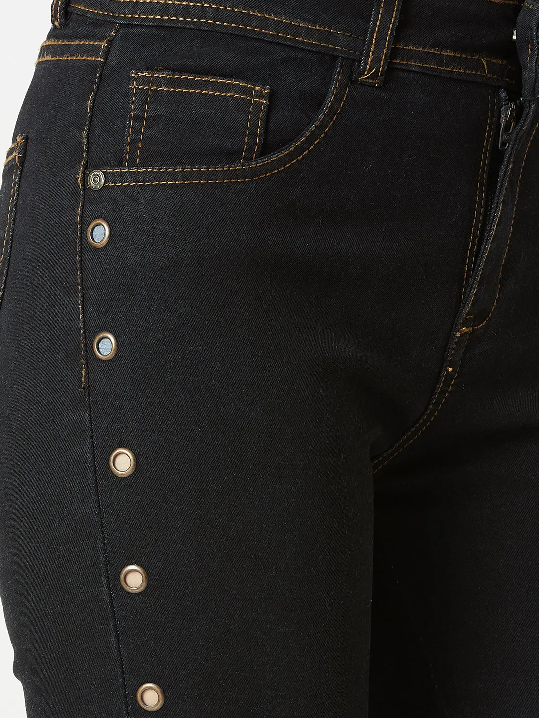 Women's Black Skinny High Rise Side Slit Solid Eyelet Embellished Cropped Length Stretchable Denim Jeans