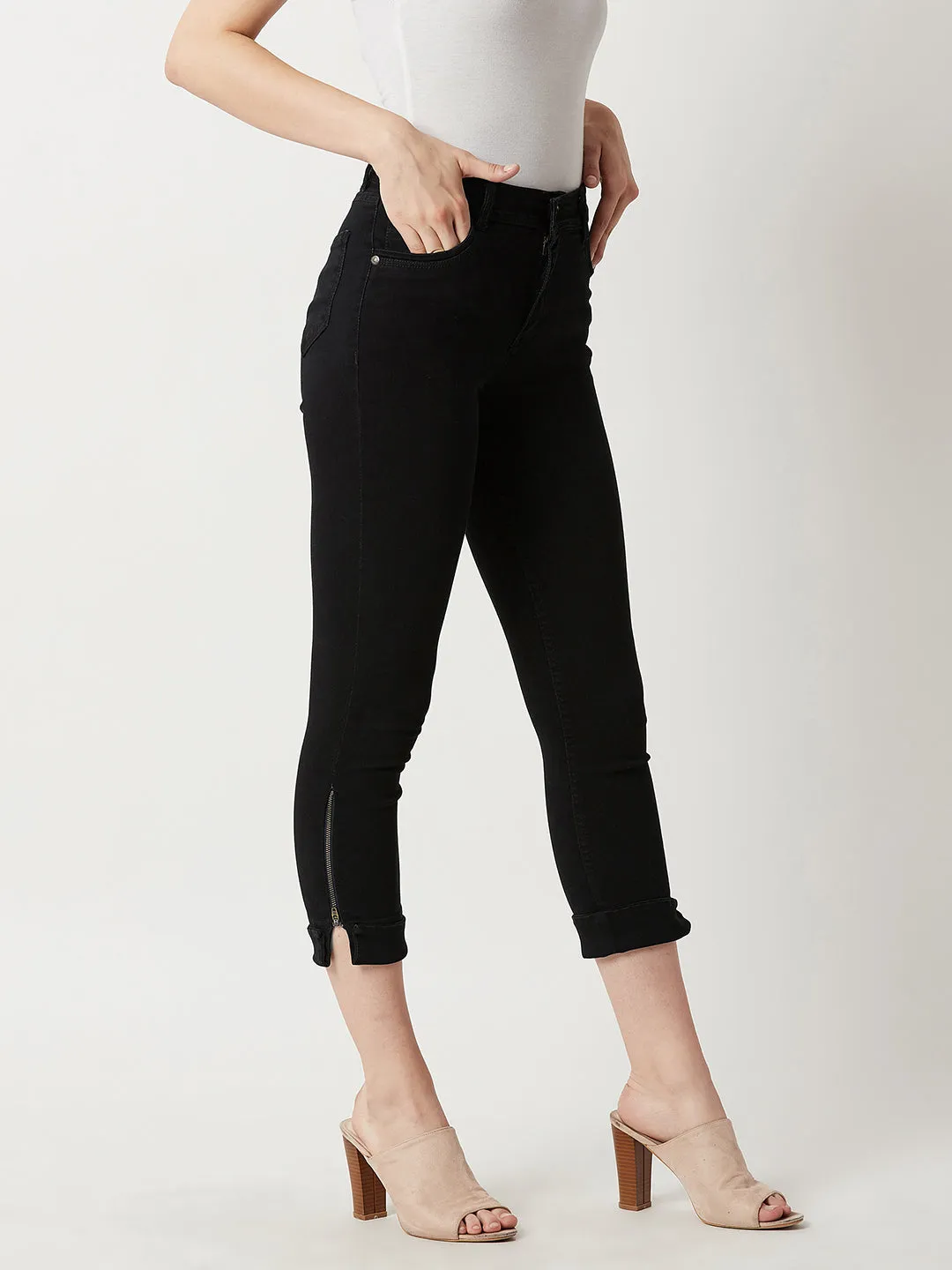 Women's Black Skinny Mid Rise Clean Look Cropped Stretchable Denim Jeans