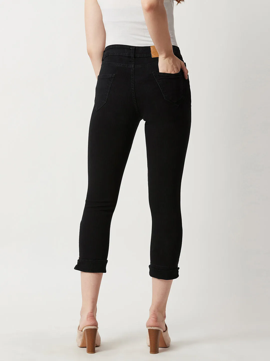 Women's Black Skinny Mid Rise Clean Look Cropped Stretchable Denim Jeans