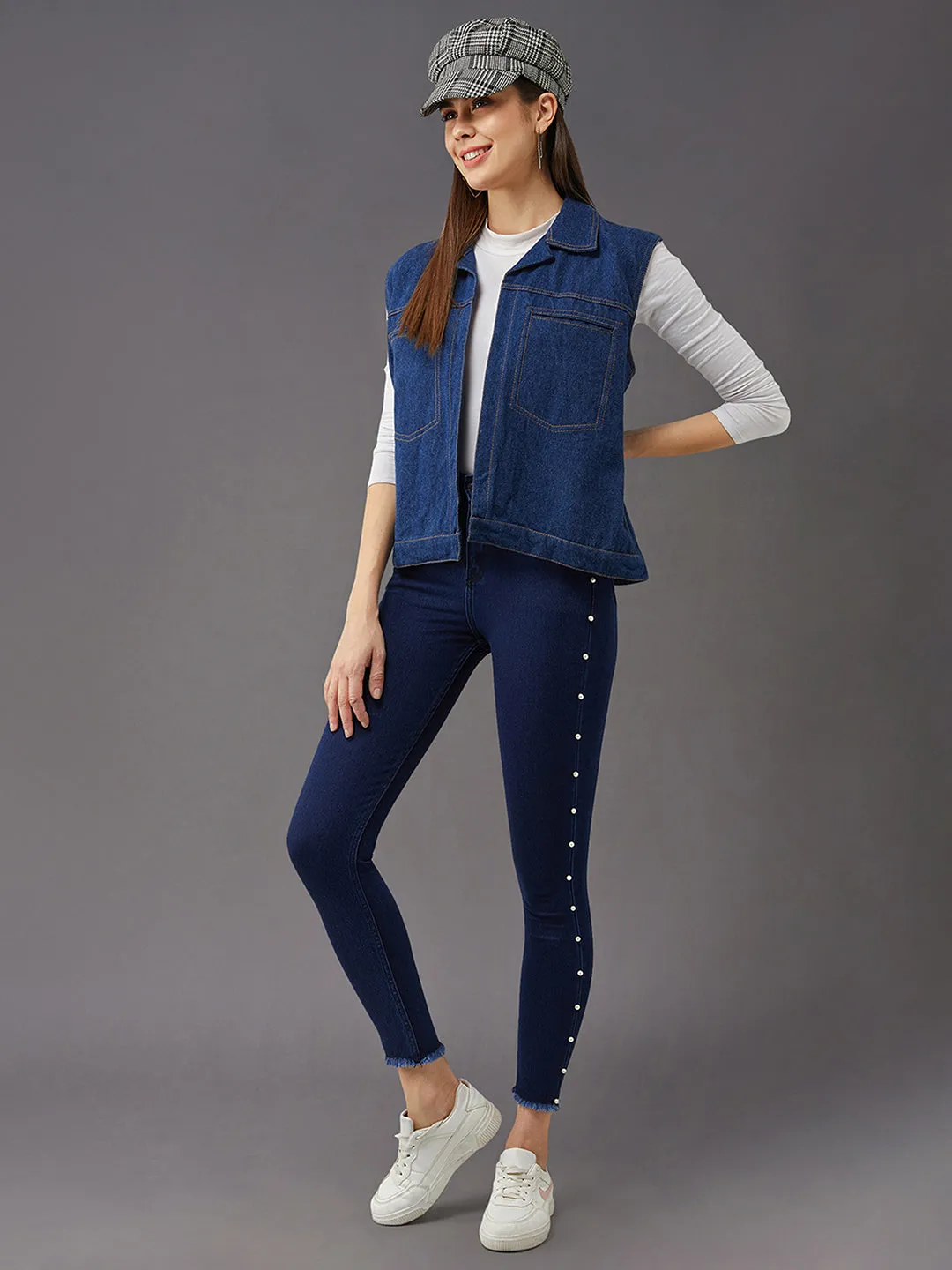 Women's Navy Blue Cotton Skinny Fit Cropped High Rise Stretchable Denim Jeans