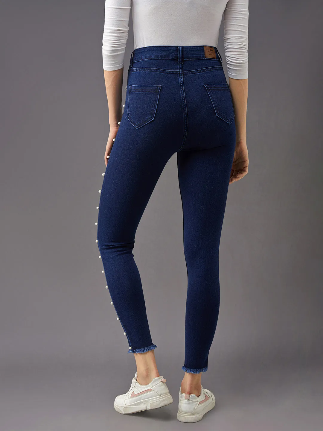 Women's Navy Blue Cotton Skinny Fit Cropped High Rise Stretchable Denim Jeans