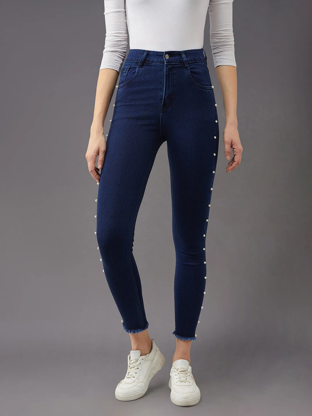 Women's Navy Blue Cotton Skinny Fit Cropped High Rise Stretchable Denim Jeans