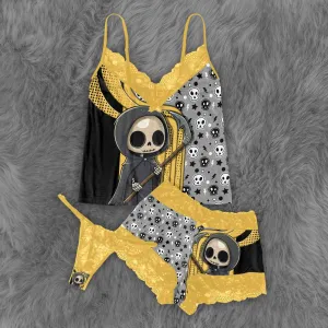Women's Pajama Set, Stunning Yellow Lace 3 Piece Sleepwear Lingerie Set
