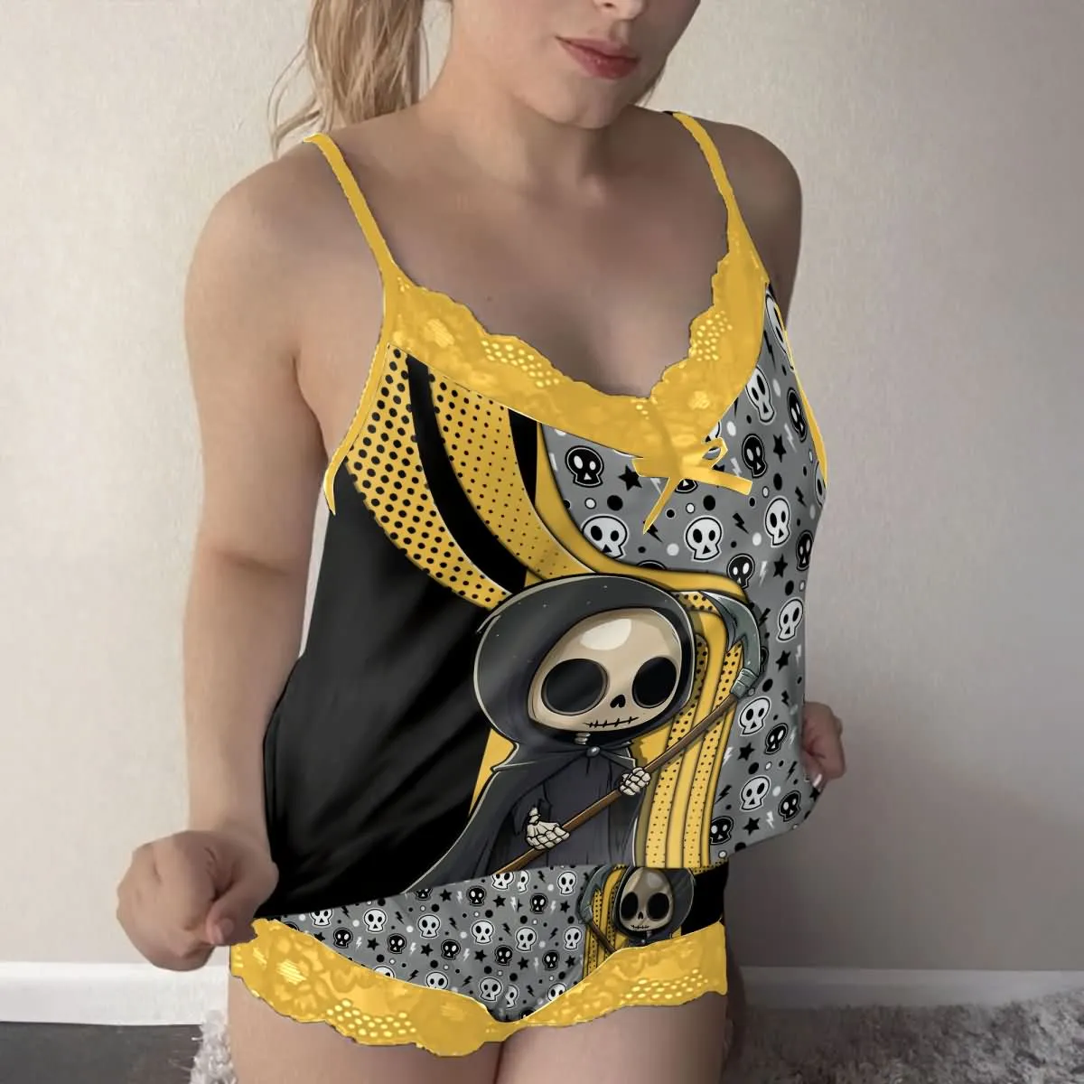 Women's Pajama Set, Stunning Yellow Lace 3 Piece Sleepwear Lingerie Set