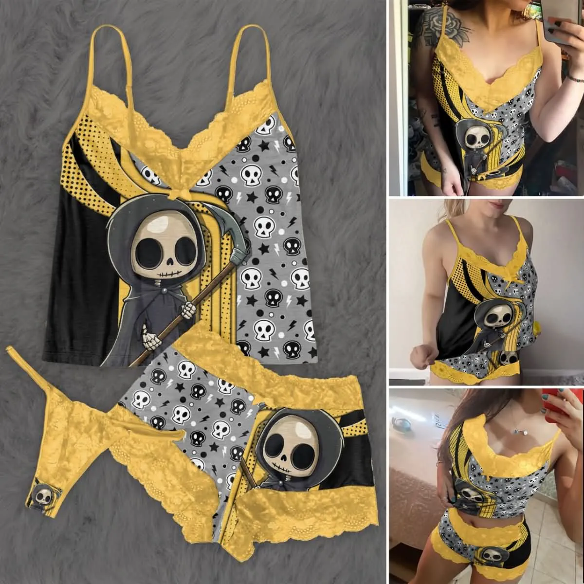 Women's Pajama Set, Stunning Yellow Lace 3 Piece Sleepwear Lingerie Set