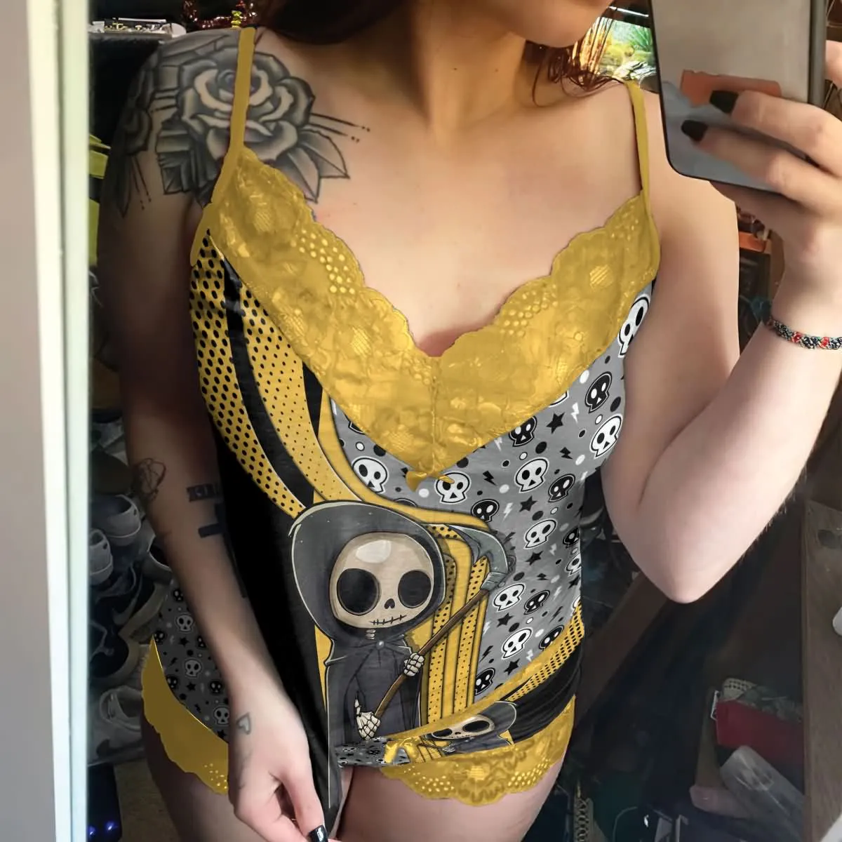Women's Pajama Set, Stunning Yellow Lace 3 Piece Sleepwear Lingerie Set