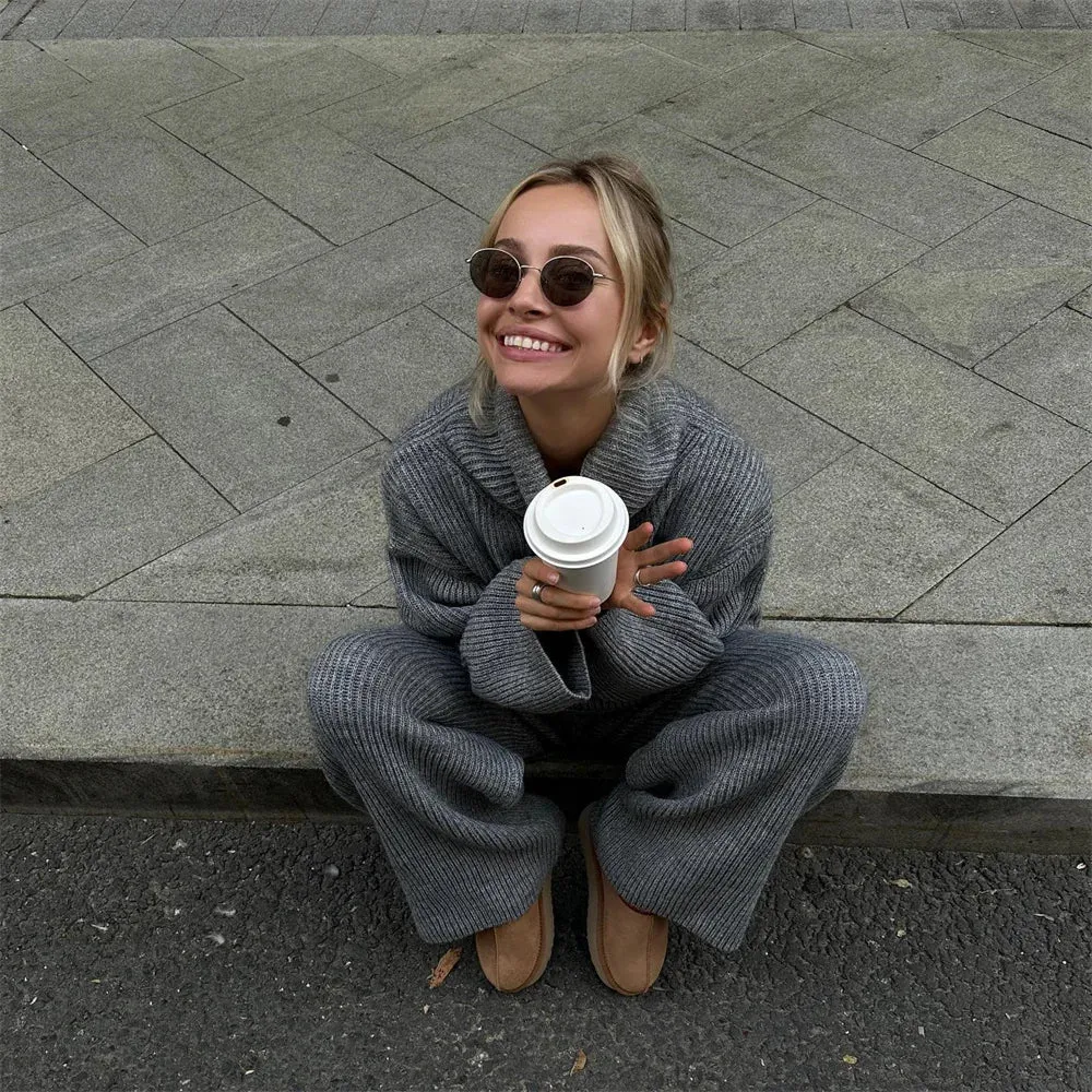 wool blend loose long sweater with matching knit wool trousers