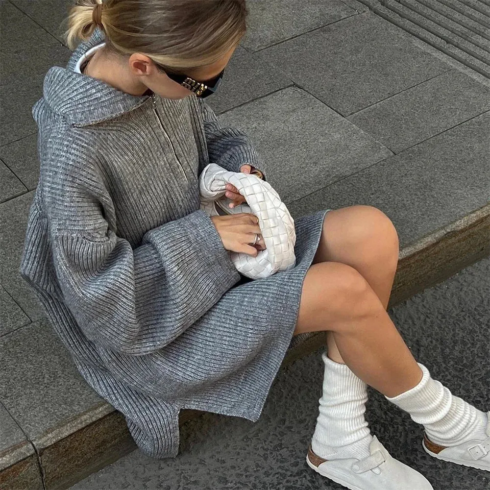 wool blend loose long sweater with matching knit wool trousers